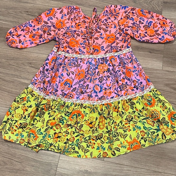 By Anthropologie Pink and Green Floral Tiered Mabel Dress Size Medium - Picture 10 of 12